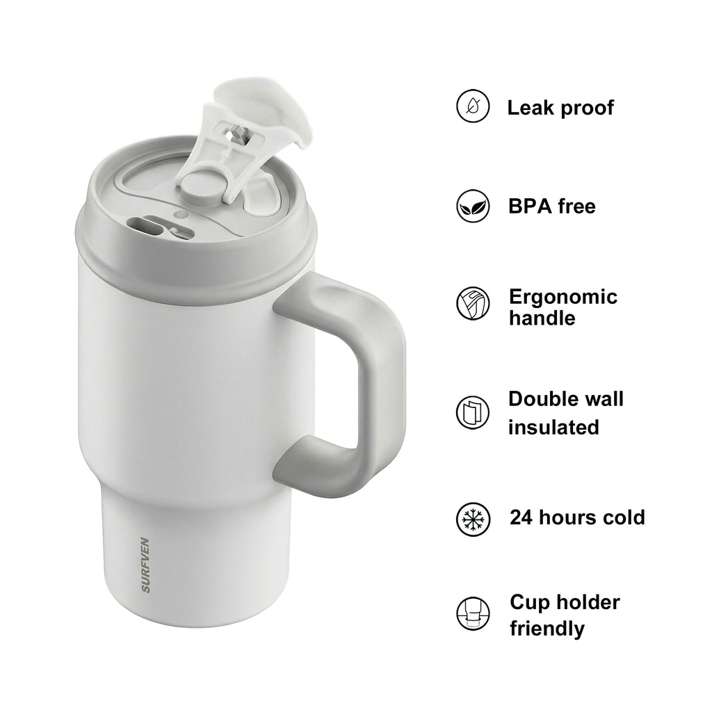 SURFVEN 30oz Insulated Stainless Steel Tumbler with Handle and Leak Proof Dual Sip Lid, White