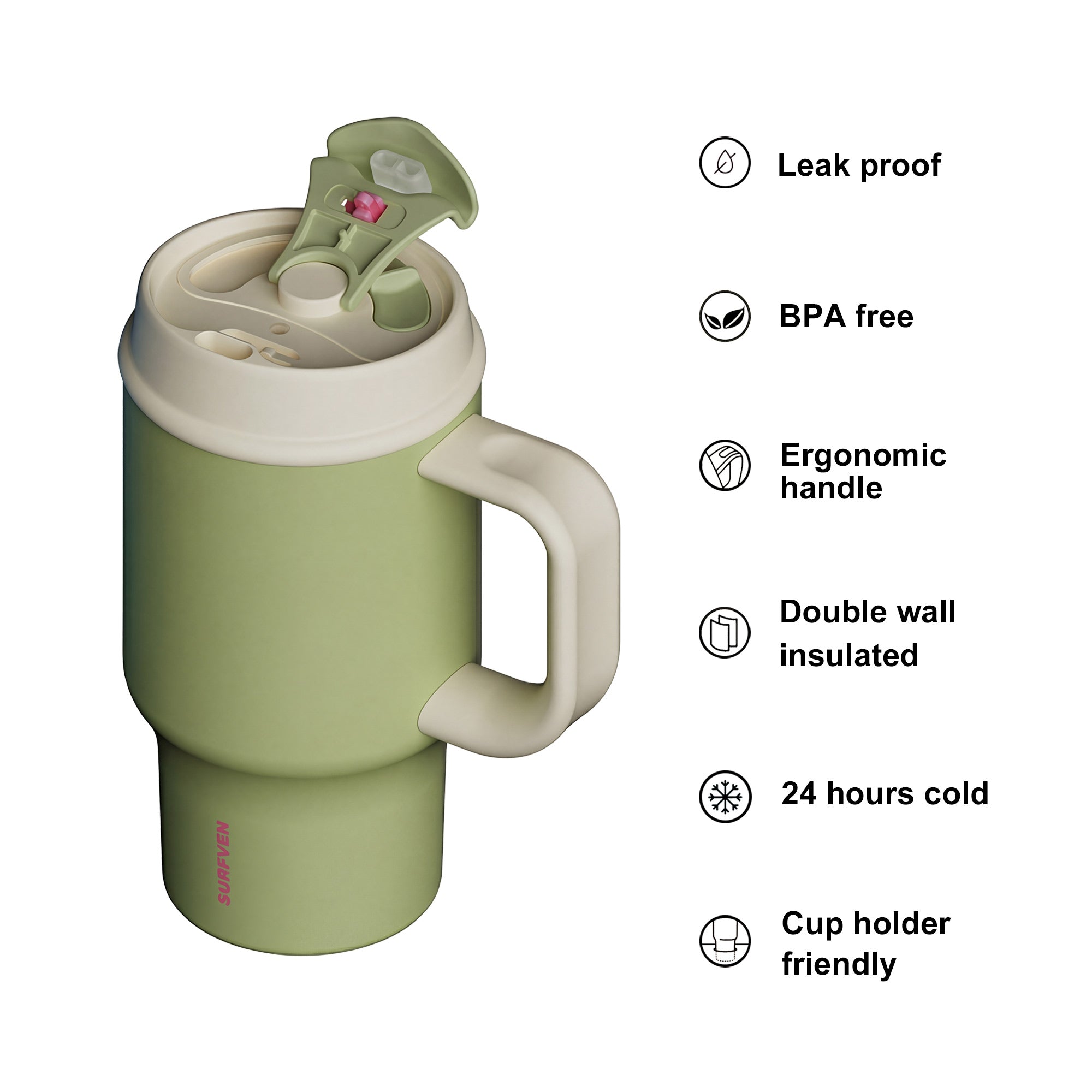 SURFVEN 30oz Insulated Stainless Steel Tumbler with Handle and Leak Proof Dual Sip Lid, Avocado Green