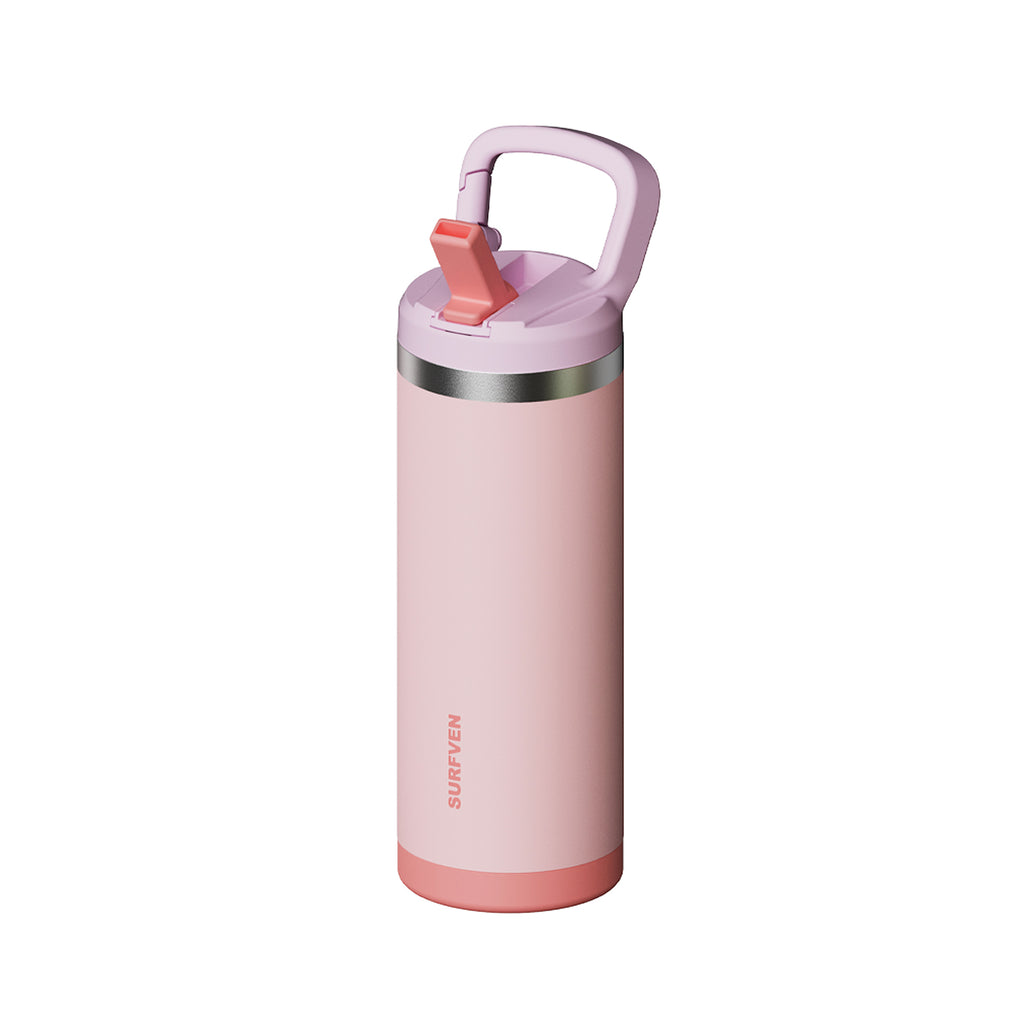 SURFVEN 18 oz Double Wall Stainless Steel Insulated Water Bottle with Leak Proof Flip Straw Lid, Pink