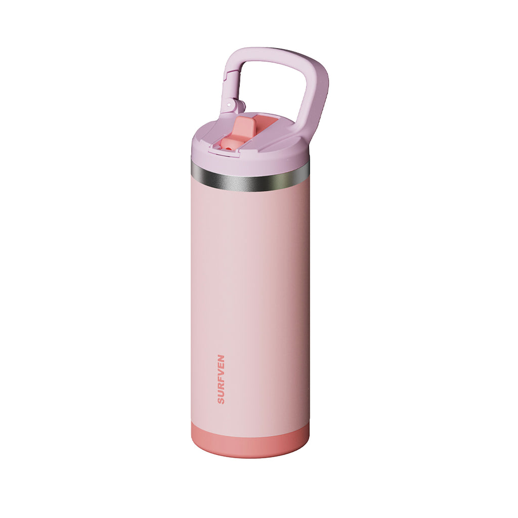 SURFVEN 18 oz Double Wall Stainless Steel Insulated Water Bottle with Leak Proof Flip Straw Lid, Pink