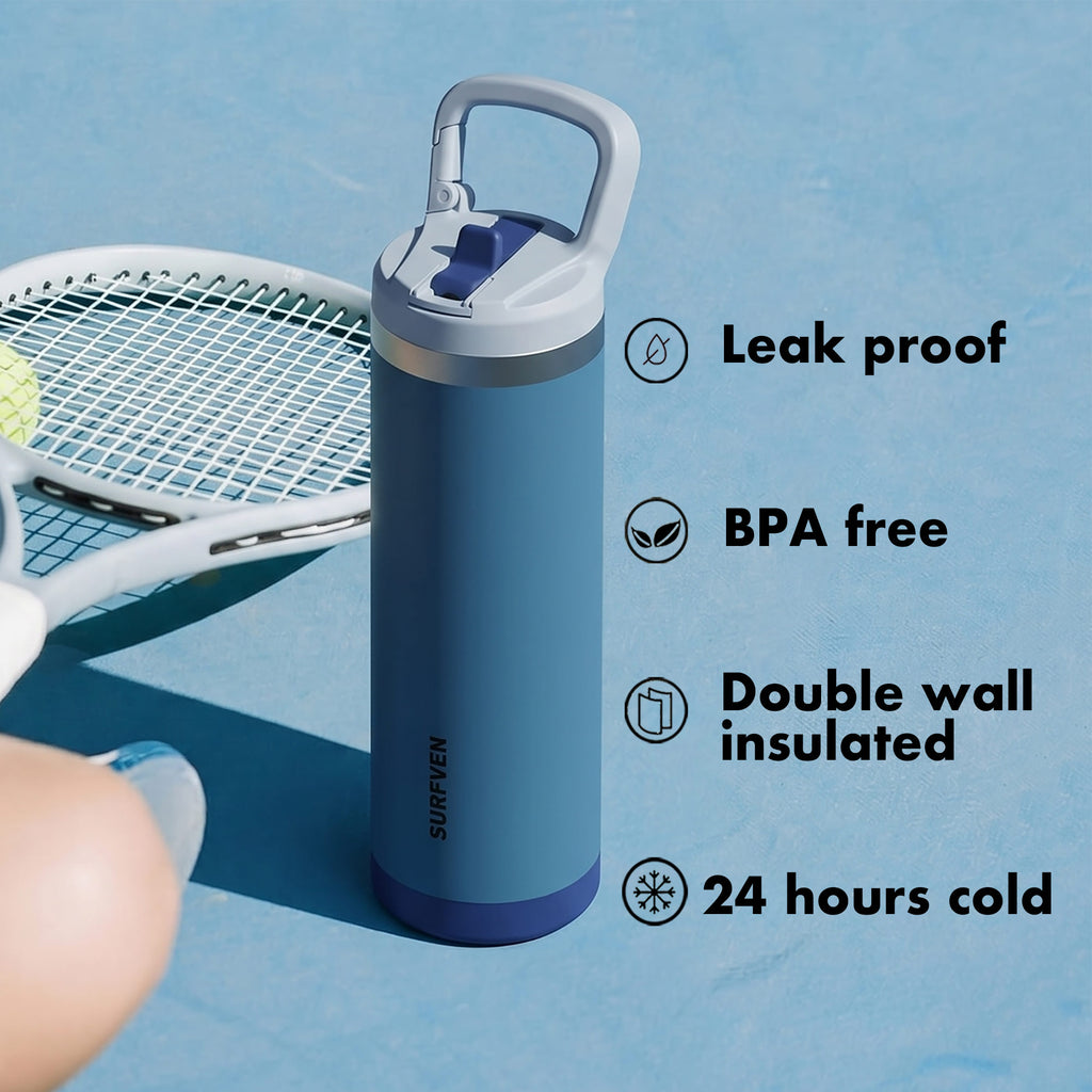 SURFVEN 18 oz Double Wall Stainless Steel Insulated Water Bottle with Leak Proof Flip Straw Lid, Blue