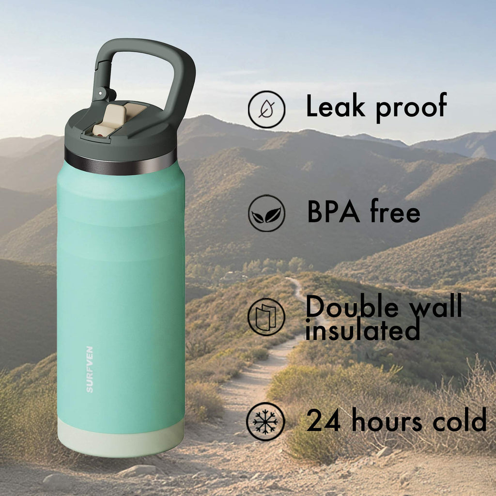 SURFVEN 27 oz Stainless Steel Double Wall Insulated Water Bottle with Flip-up Straw Lid, Dusty Jade