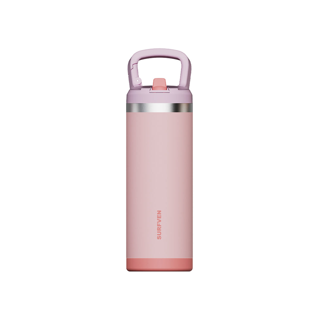 SURFVEN 18 oz Double Wall Stainless Steel Insulated Water Bottle with Leak Proof Flip Straw Lid, Pink