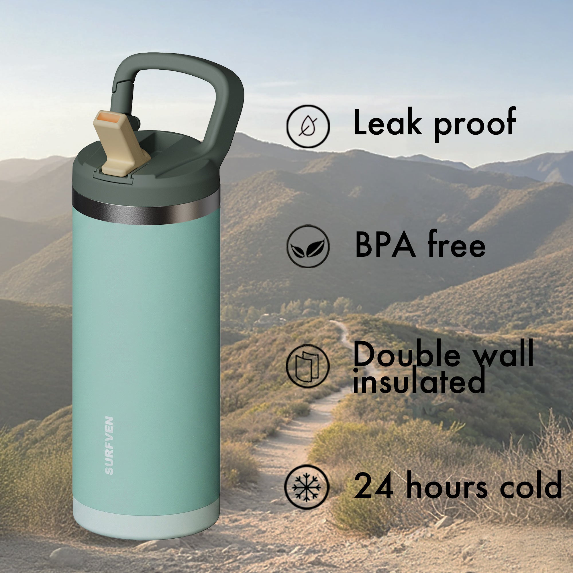 SURFVEN 18 oz Double Wall Stainless Steel Insulated Water Bottle with Leak Proof Flip Straw Lid, Dusty Jade