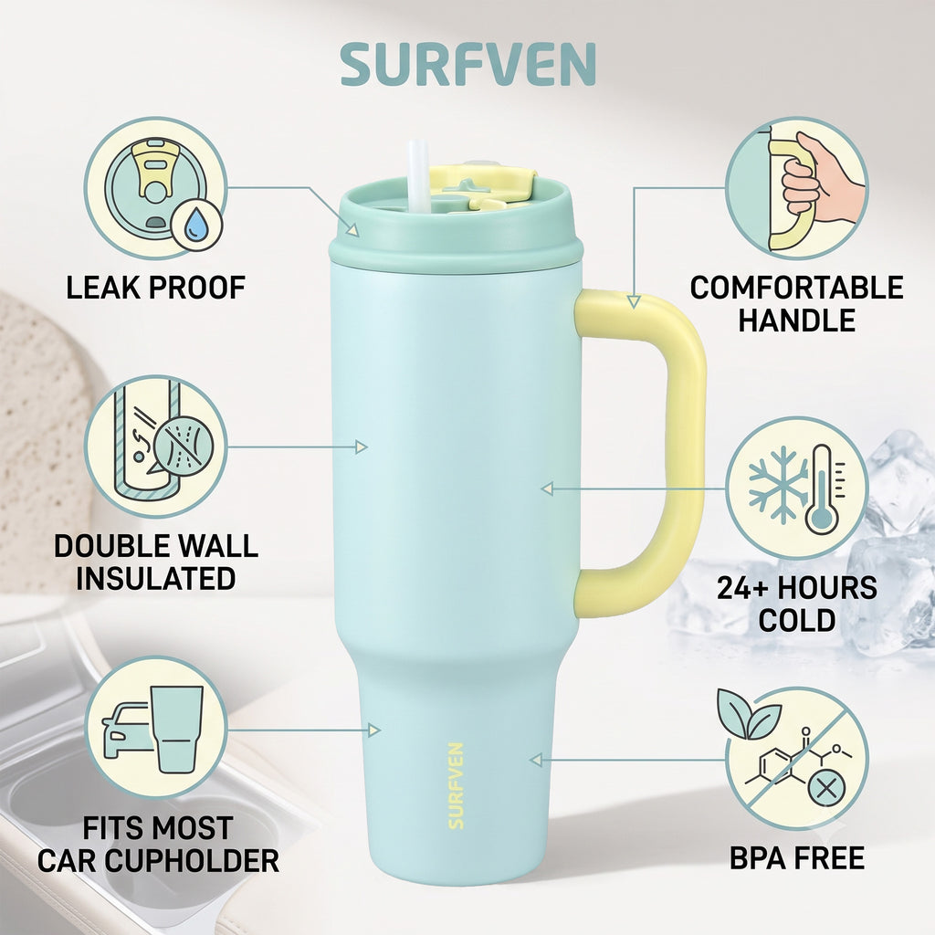 SURFVEN 40oz Double Wall Stainless Steel Insulated Tumbler with Handle and 2-in-1 Lid, Mint Blue