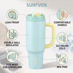 SURFVEN 40oz Double Wall Stainless Steel Insulated Tumbler with Handle and 2-in-1 Lid, Mint Blue