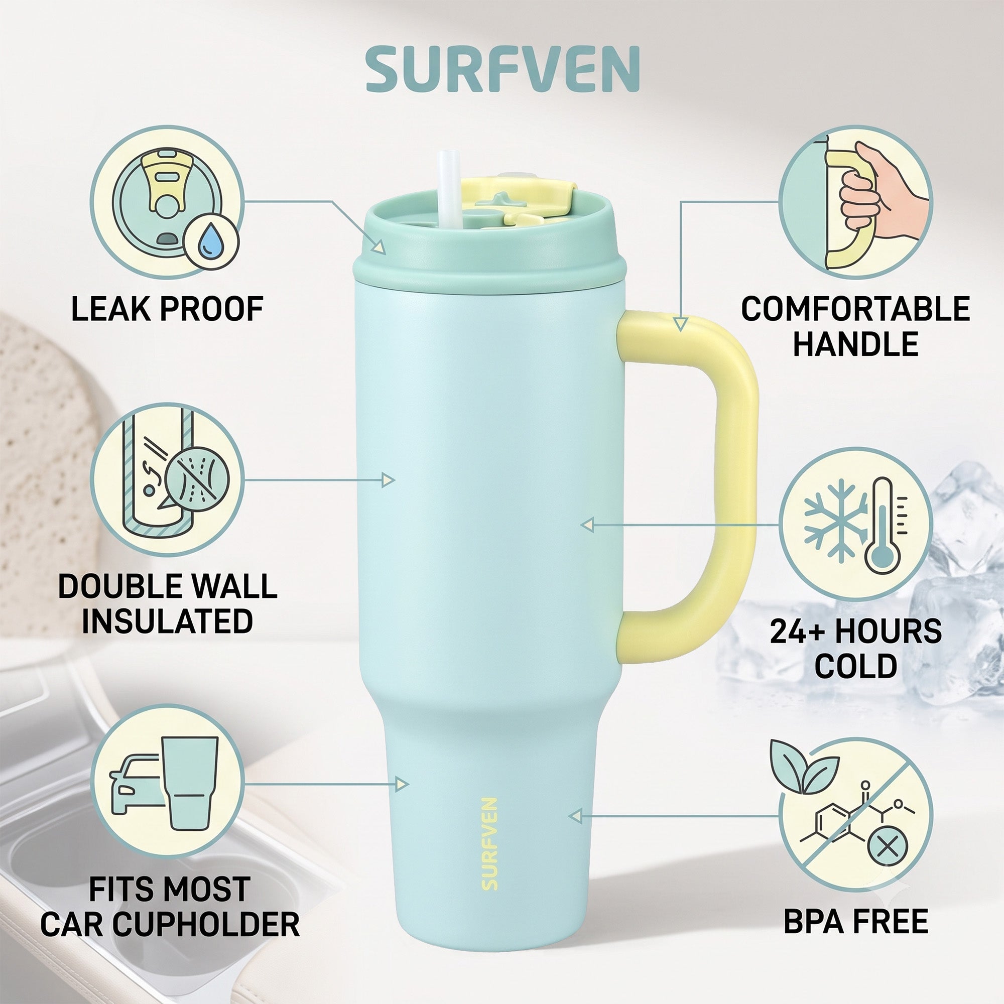 SURFVEN 40oz Double Wall Stainless Steel Insulated Tumbler with Handle and 2-in-1 Lid, Mint Blue