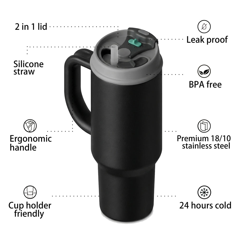 SURFVEN 40oz Double Wall Stainless Steel Insulated Tumbler with Handle and 2-in-1 Lid, Black