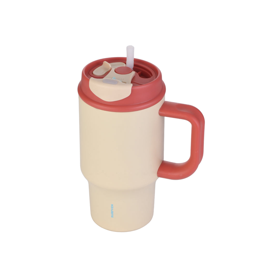 SURFVEN 30oz Insulated Stainless Steel Tumbler with Handle and Leak Proof Dual Sip Lid, Apricot Cream