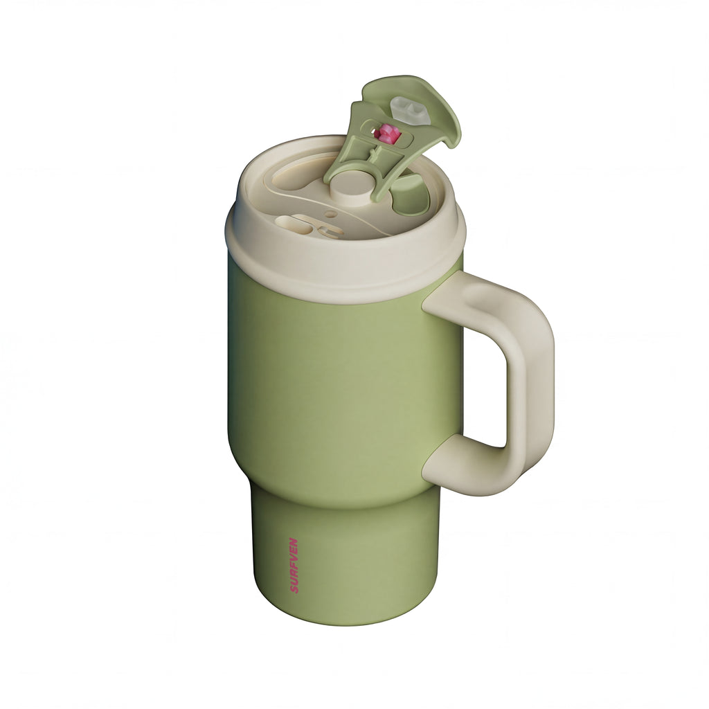SURFVEN 30oz Insulated Stainless Steel Tumbler with Handle and Leak Proof Dual Sip Lid, Avocado Green