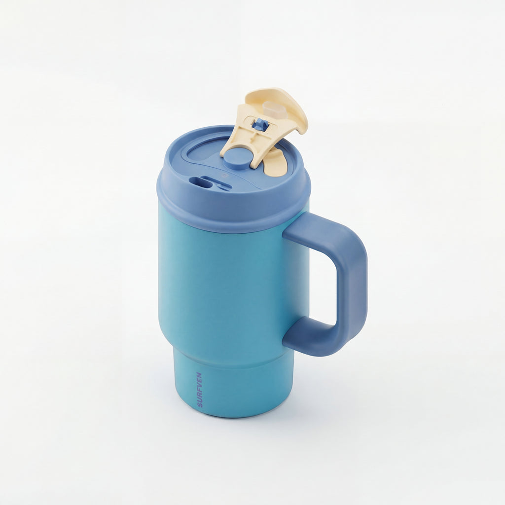 SURFVEN 24oz Double Wall Stainless Steel Insulated Tumbler with Handle and 2-in-1 Lid, Blue