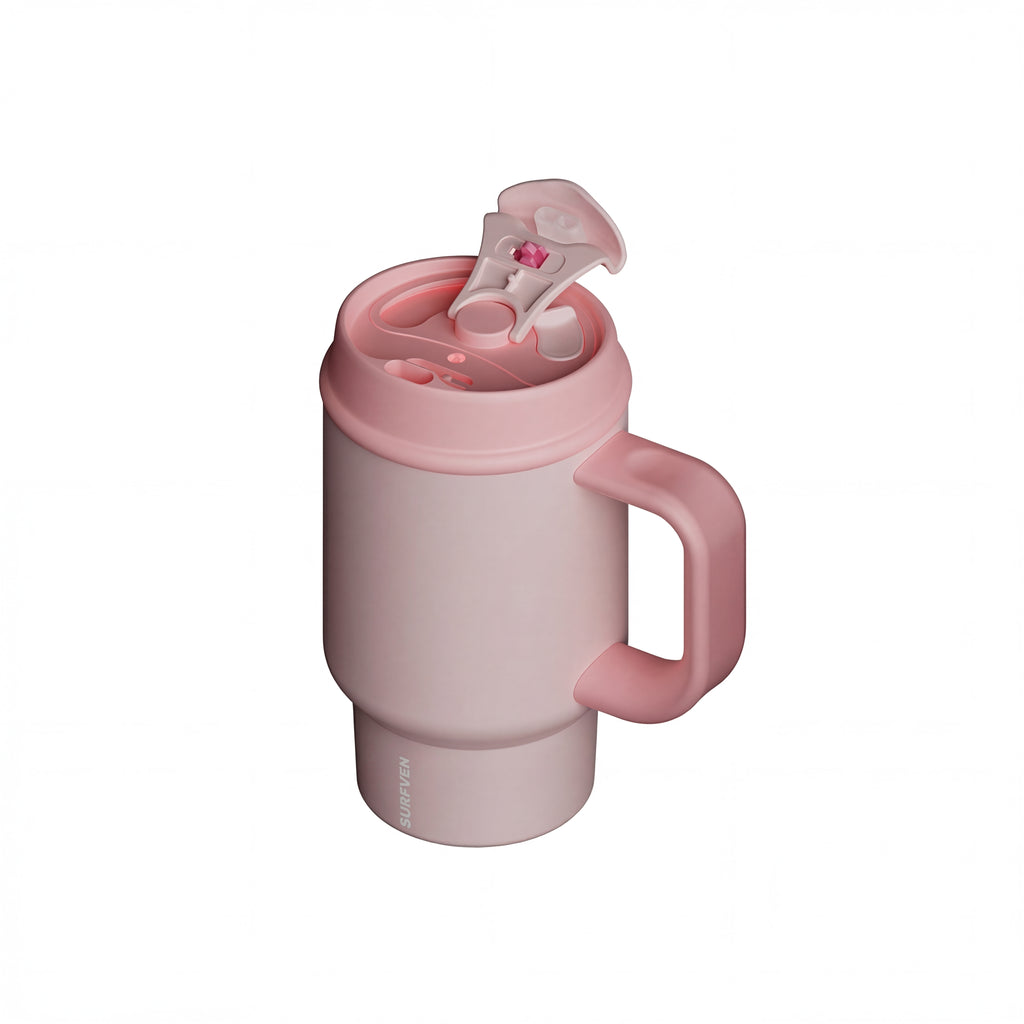 SURFVEN 24oz Double Wall Stainless Steel Insulated Tumbler with Handle and 2-in-1 Lid, Pink