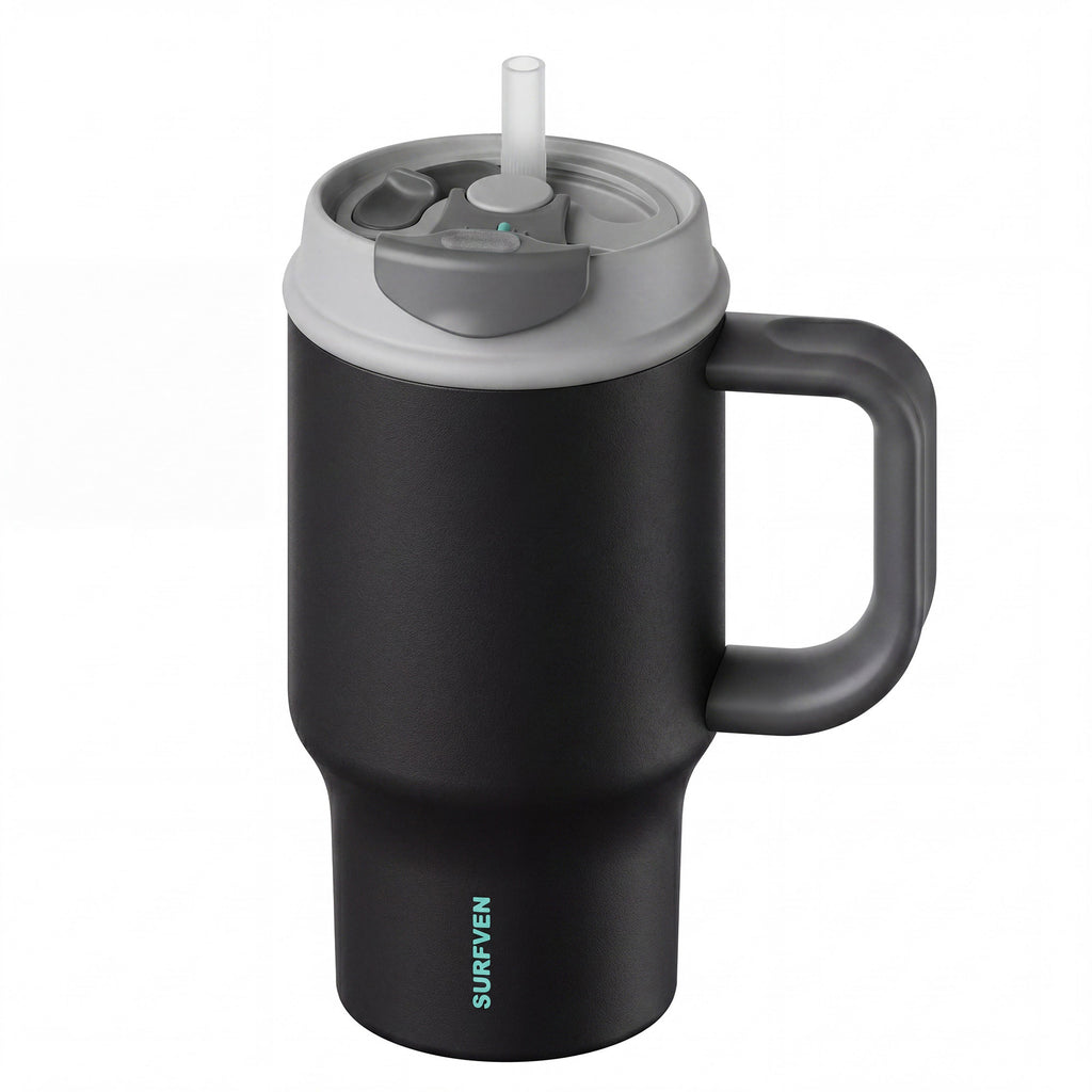 SURFVEN 30oz Insulated Stainless Steel Tumbler with Handle and Leak Proof Dual Sip Lid, Black
