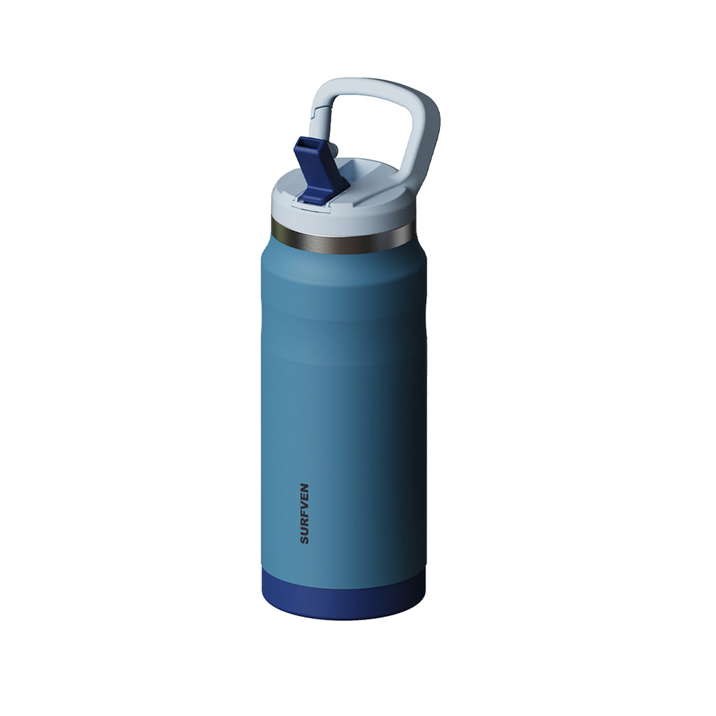 SURFVEN 37 oz Stainless Steel Double Wall Insulated Water Bottle with Flip-up Straw Lid, Blue