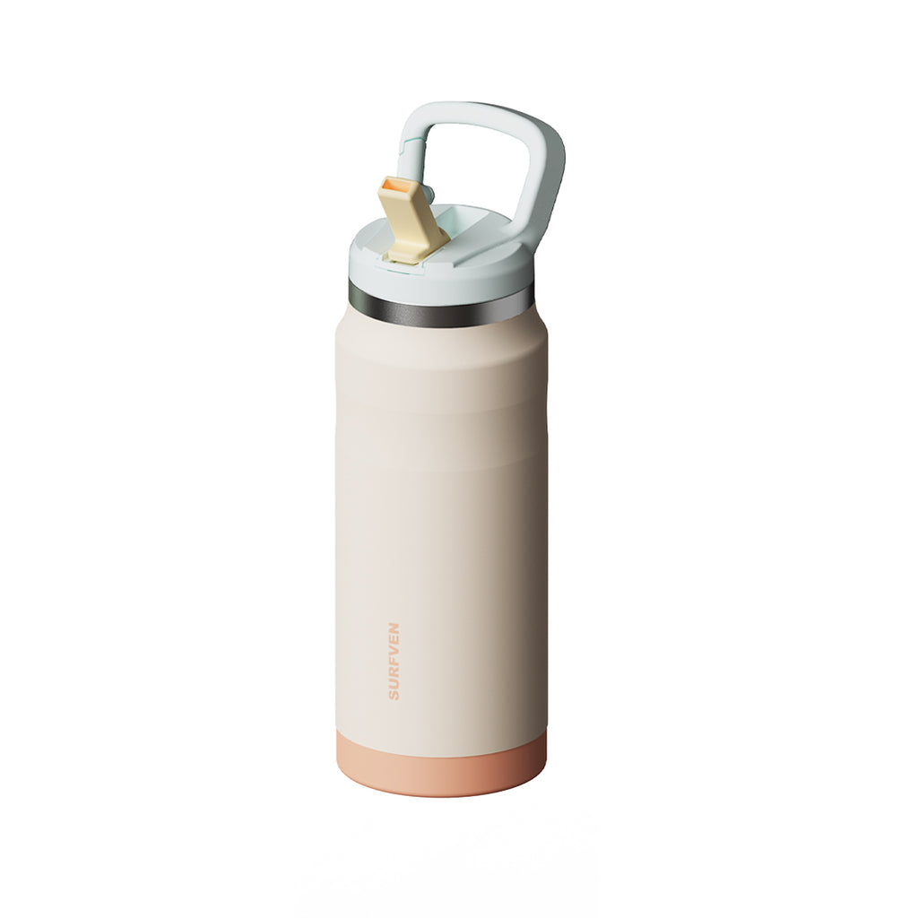 SURFVEN 37 oz Stainless Steel Double Wall Insulated Water Bottle with Flip-up Straw Lid, Egg Shell