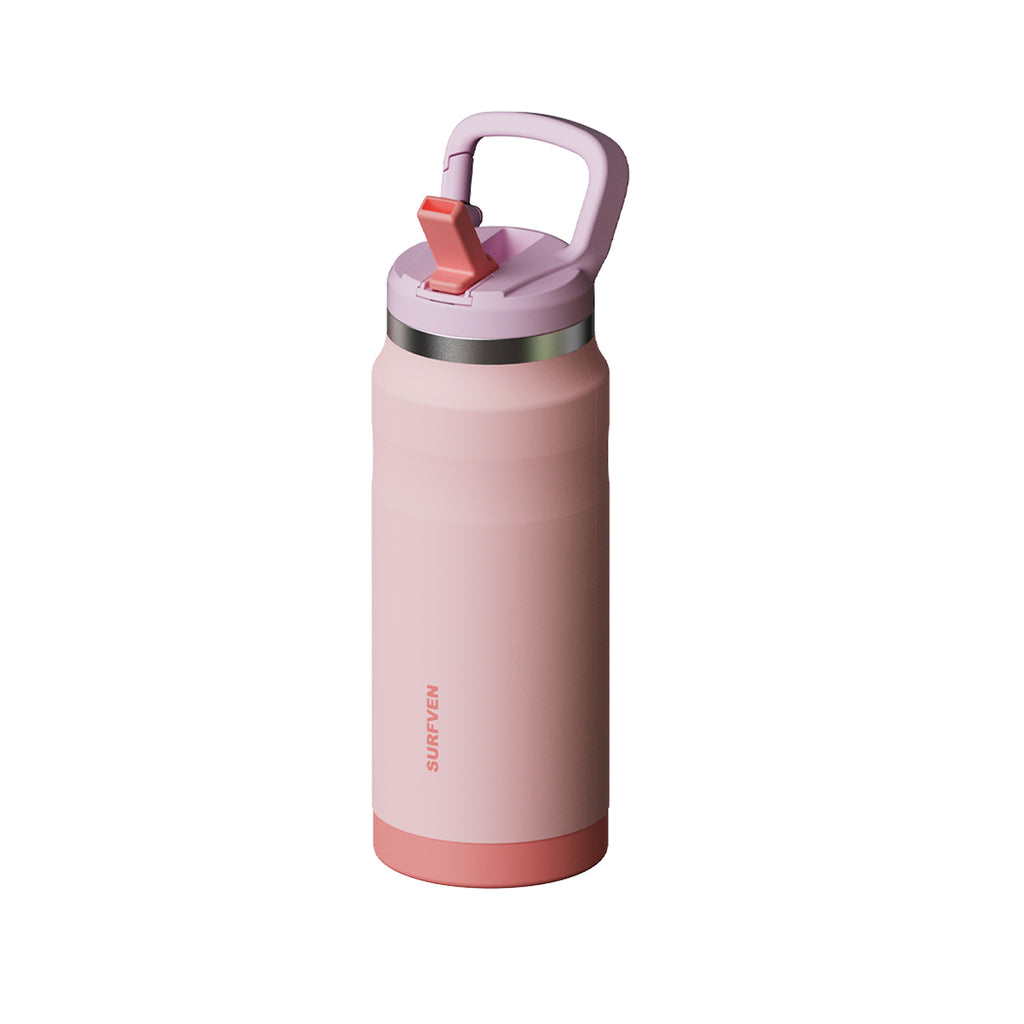 SURFVEN 27 oz Stainless Steel Double Wall Insulated Water Bottle with Flip-up Straw Lid, Pink