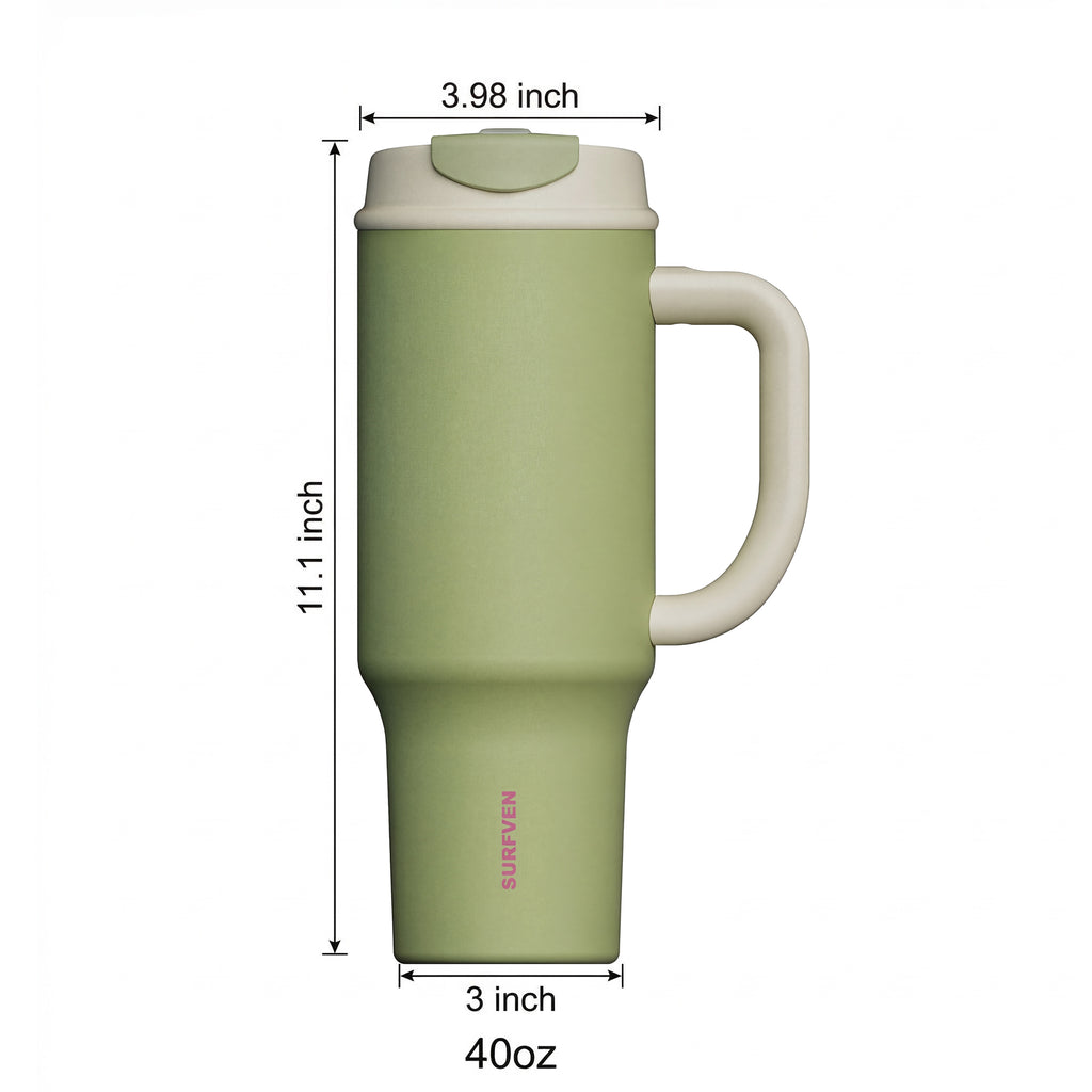 SURFVEN 40 oz Stainless Steel Insulated Travel Tumbler with 2-in-1 Lid and Handle, Avocado Green