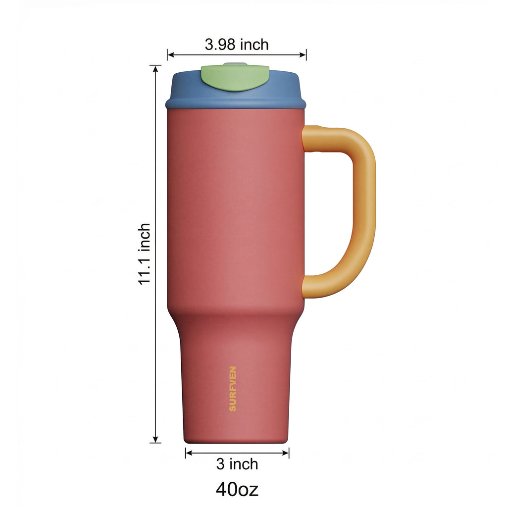 SURFVEN 40oz Double Wall Stainless Steel Insulated Tumbler with Handle and 2-in-1 Lid, Raspberry Pink