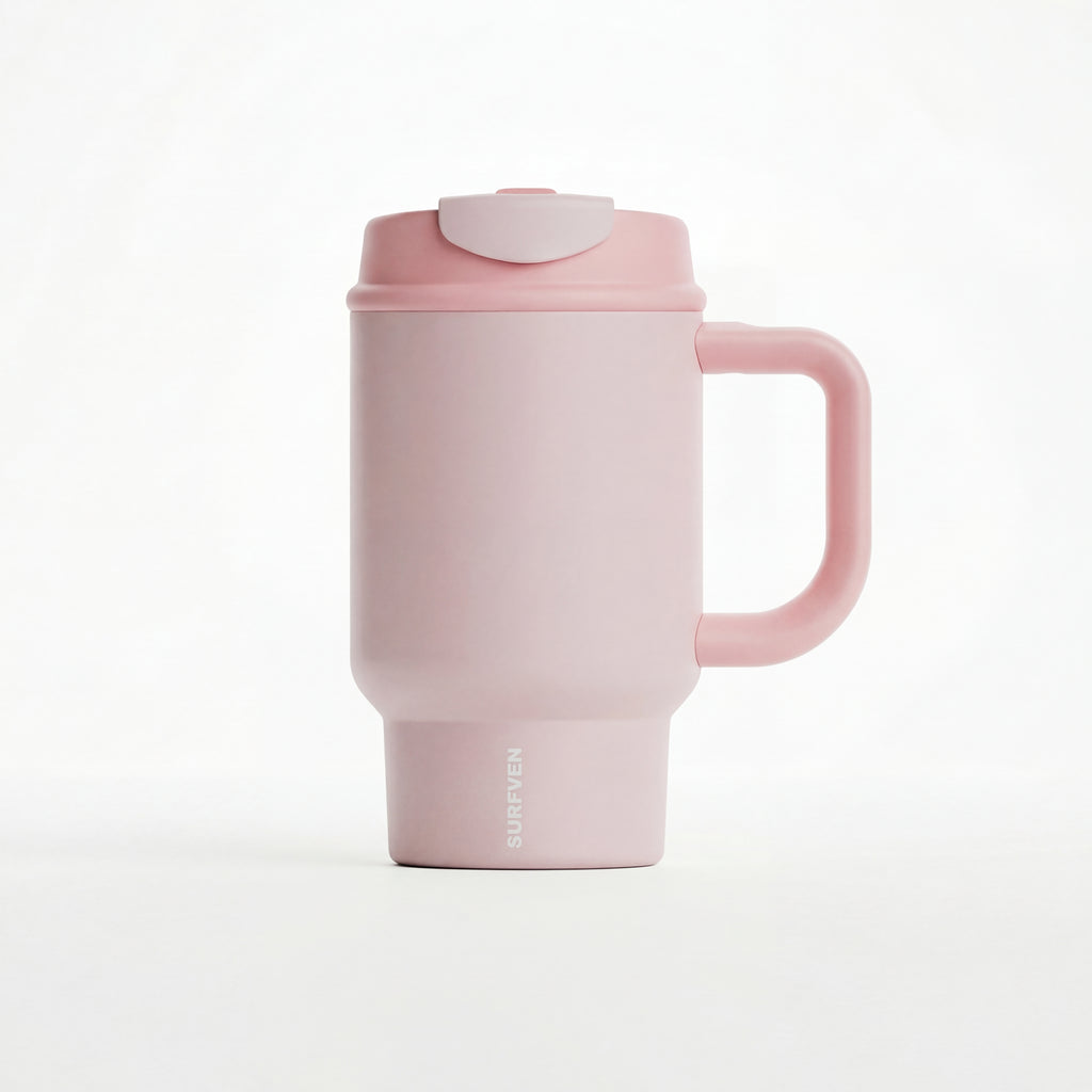 SURFVEN 24oz Double Wall Stainless Steel Insulated Tumbler with Handle and 2-in-1 Lid, Pink