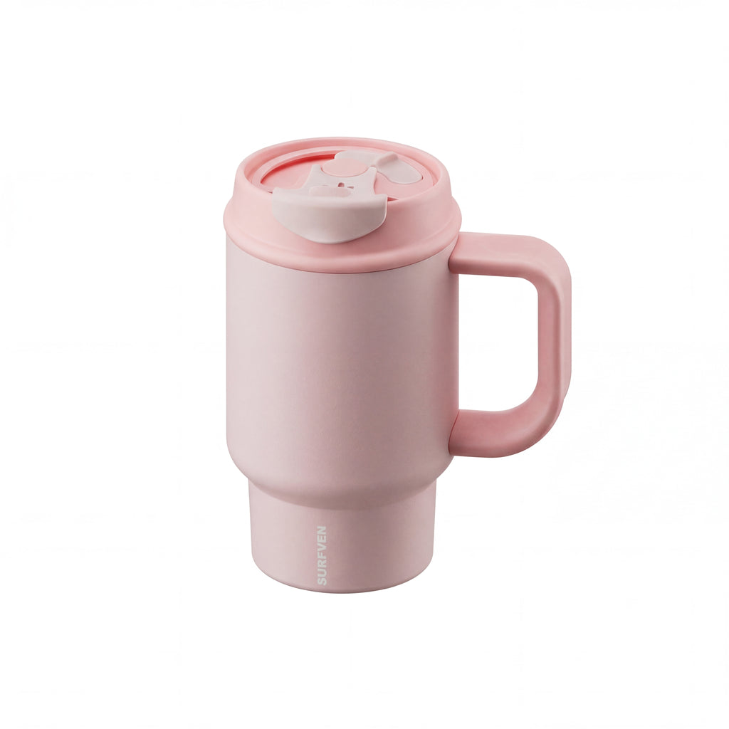 SURFVEN 24oz Double Wall Stainless Steel Insulated Tumbler with Handle and 2-in-1 Lid, Pink