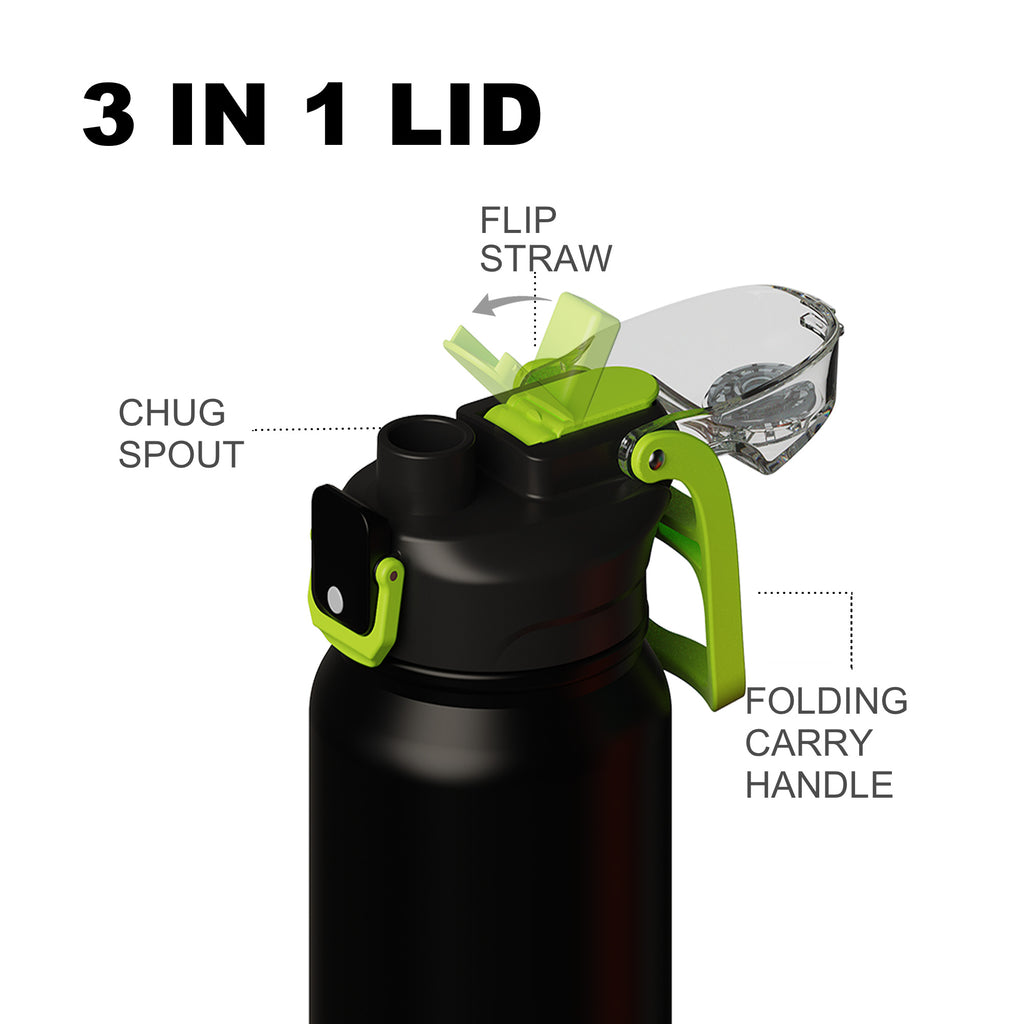 SURFVEN 27 oz Vacuum Insulated Stainless Steel Water Bottle with 3-in-1 Lid, Black