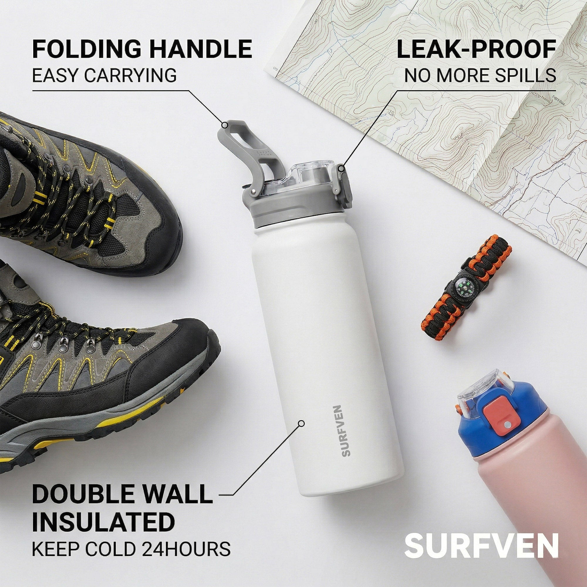 SURFVEN 40 oz Vacuum Insulated Stainless Steel Water Bottle with 3-in-1 Lid, White
