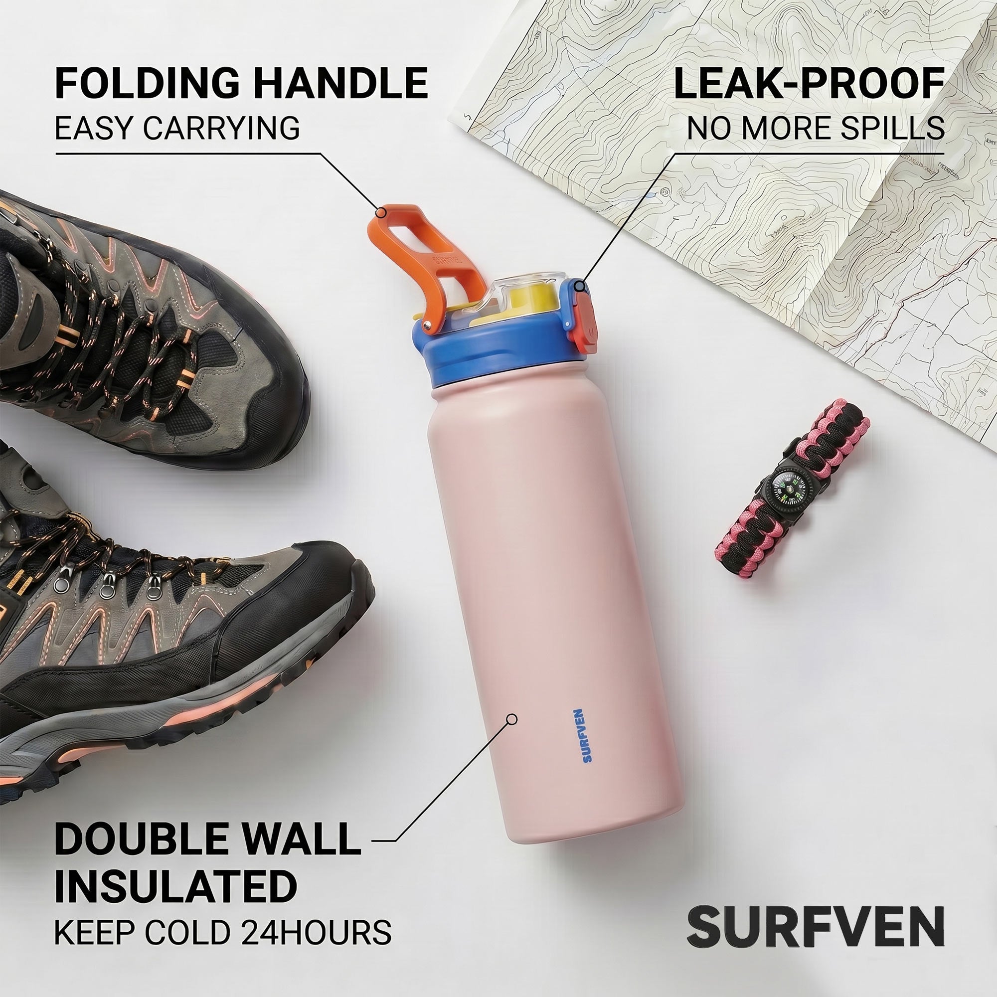 SURFVEN 27 oz Vacuum Insulated Stainless Steel Water Bottle with 3-in-1 Lid, Pink