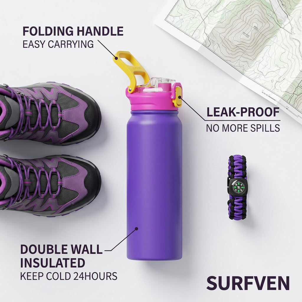 SURFVEN 27 oz Vacuum Insulated Stainless Steel Water Bottle with 3-in-1 Lid, Purple