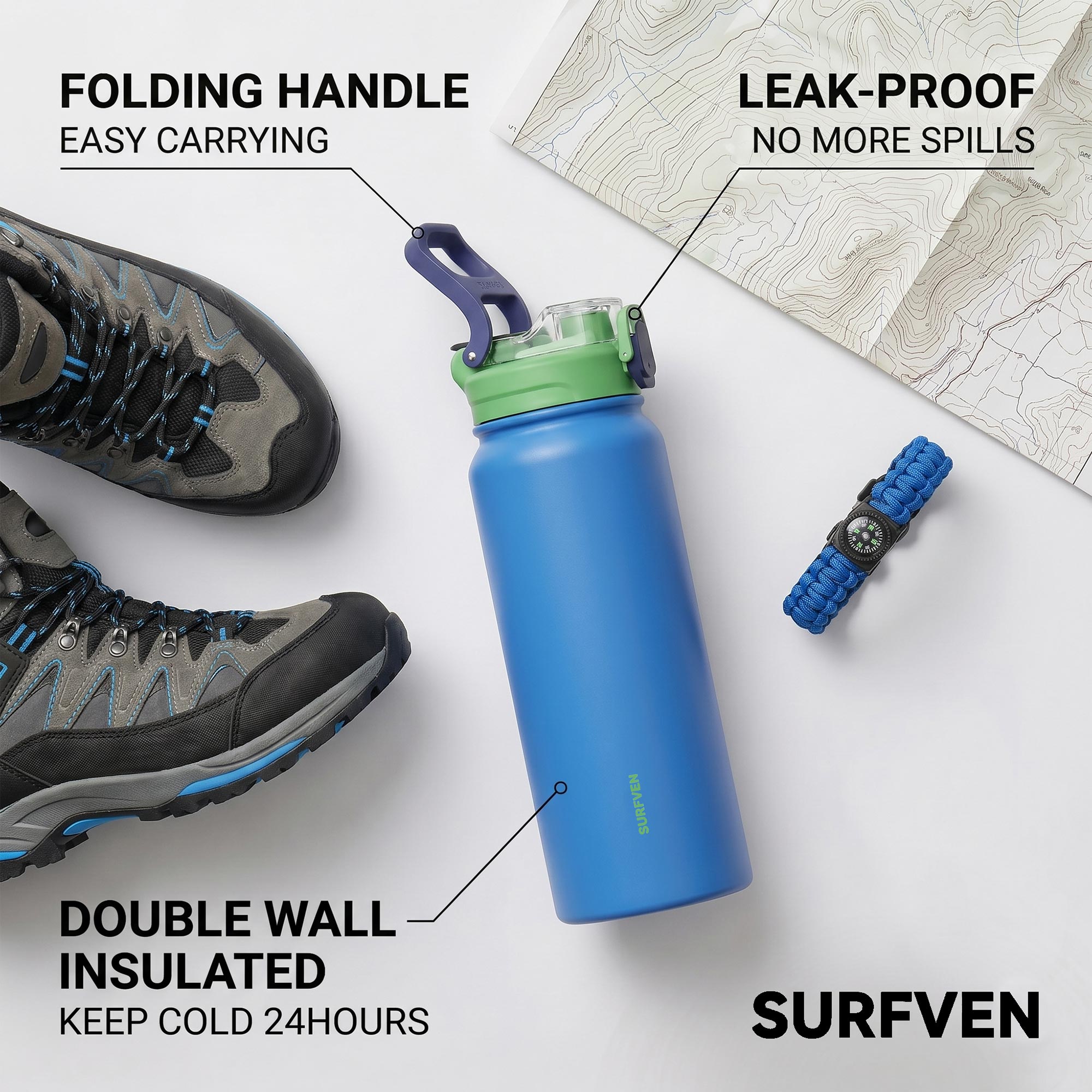 SURFVEN 27 oz Vacuum Insulated Stainless Steel Water Bottle with 3-in-1 Lid, Blue