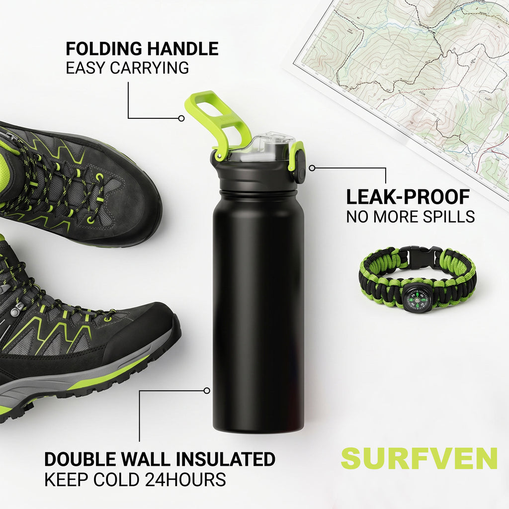 SURFVEN 27 oz Vacuum Insulated Stainless Steel Water Bottle with 3-in-1 Lid, Black