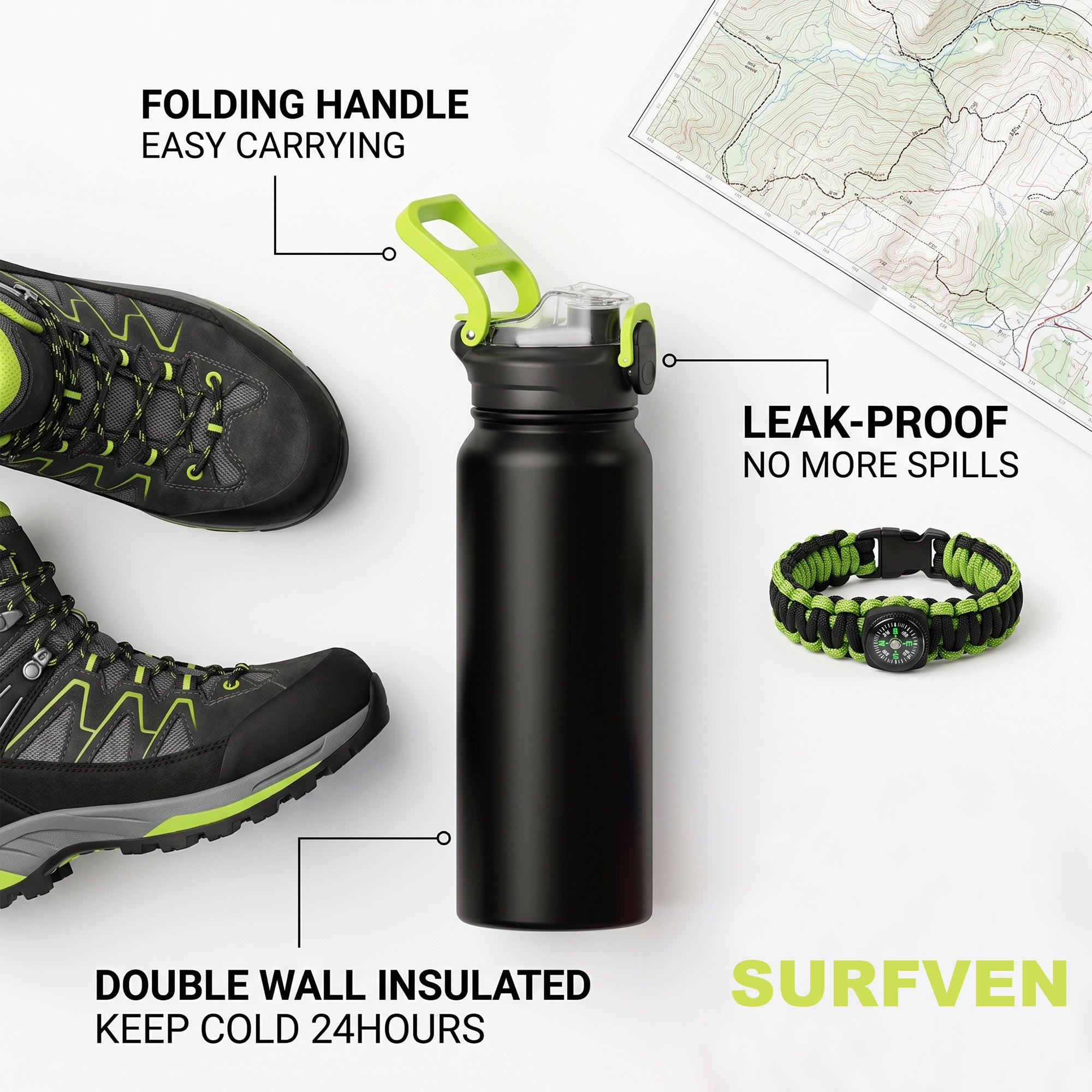 SURFVEN 27 oz Vacuum Insulated Stainless Steel Water Bottle with 3-in-1 Lid, Black