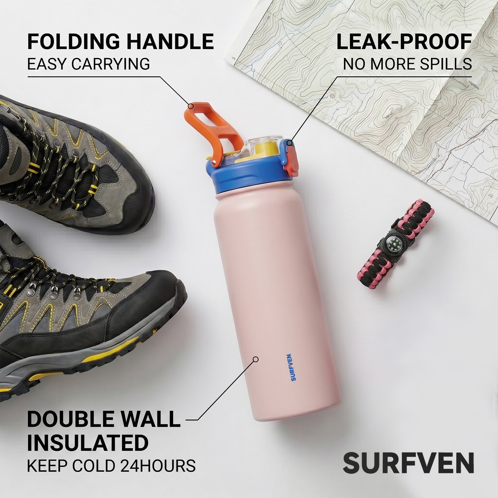 SURFVEN 27 oz Vacuum Insulated Stainless Steel Water Bottle with 3-in-1 Lid, Pink