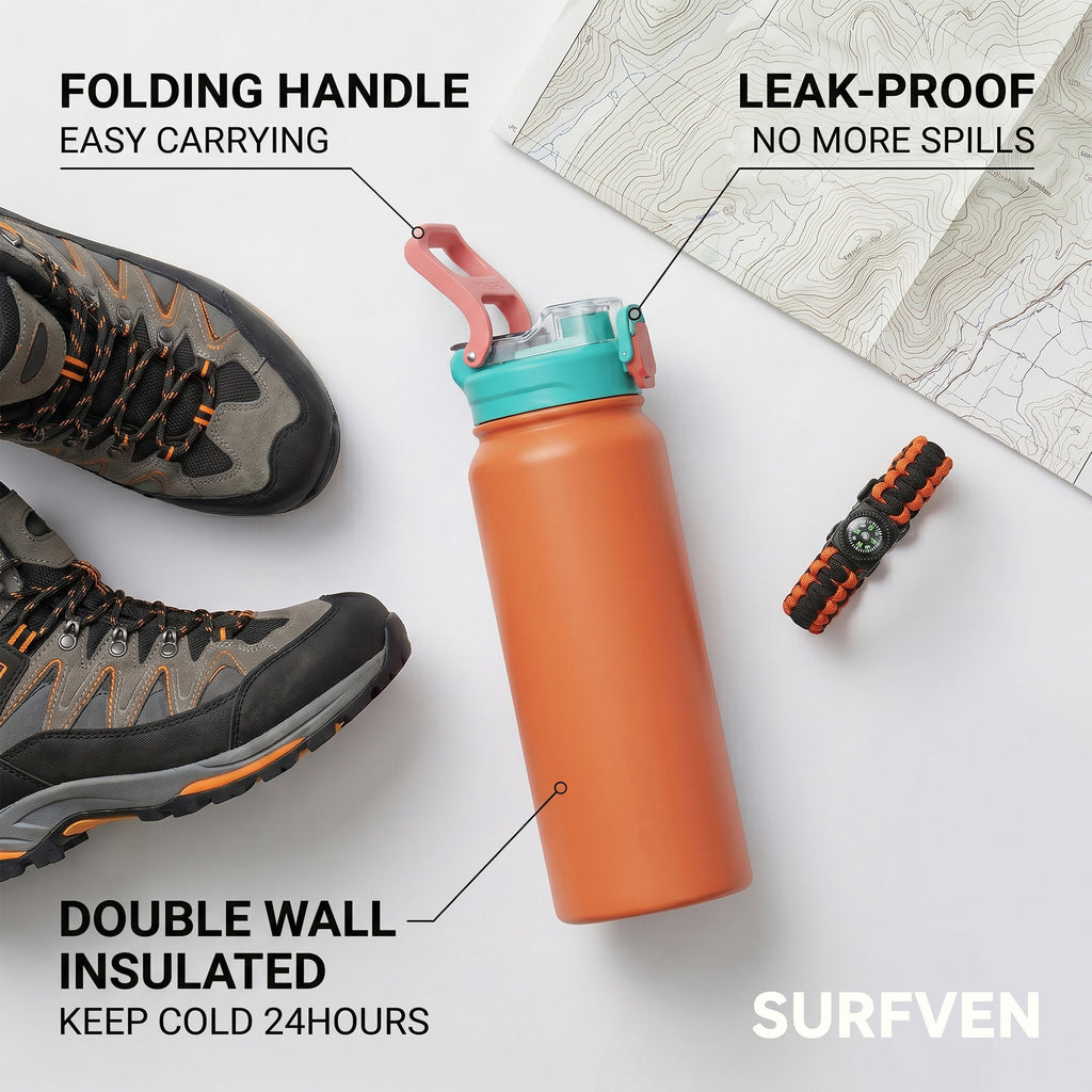 SURFVEN 27 oz Vacuum Insulated Stainless Steel Water Bottle with 3-in-1 Lid, Orange