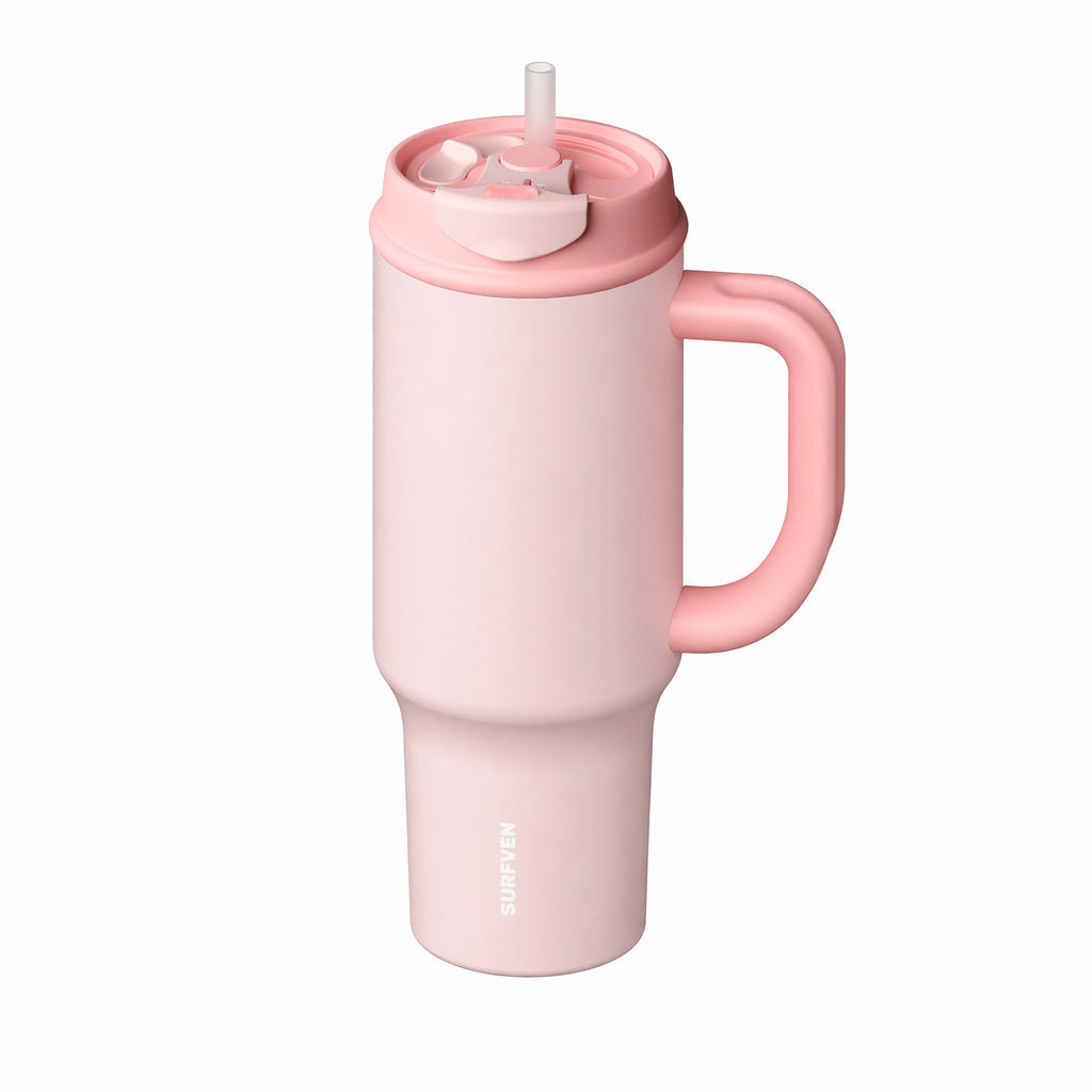 SURFVEN 40oz Double Wall Stainless Steel Insulated Tumbler with Handle and 2-in-1 Lid, Pink