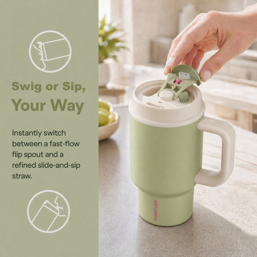 SURFVEN 24oz Double Wall Stainless Steel Insulated Tumbler with Handle and 2-in-1 Lid, Avocado Green