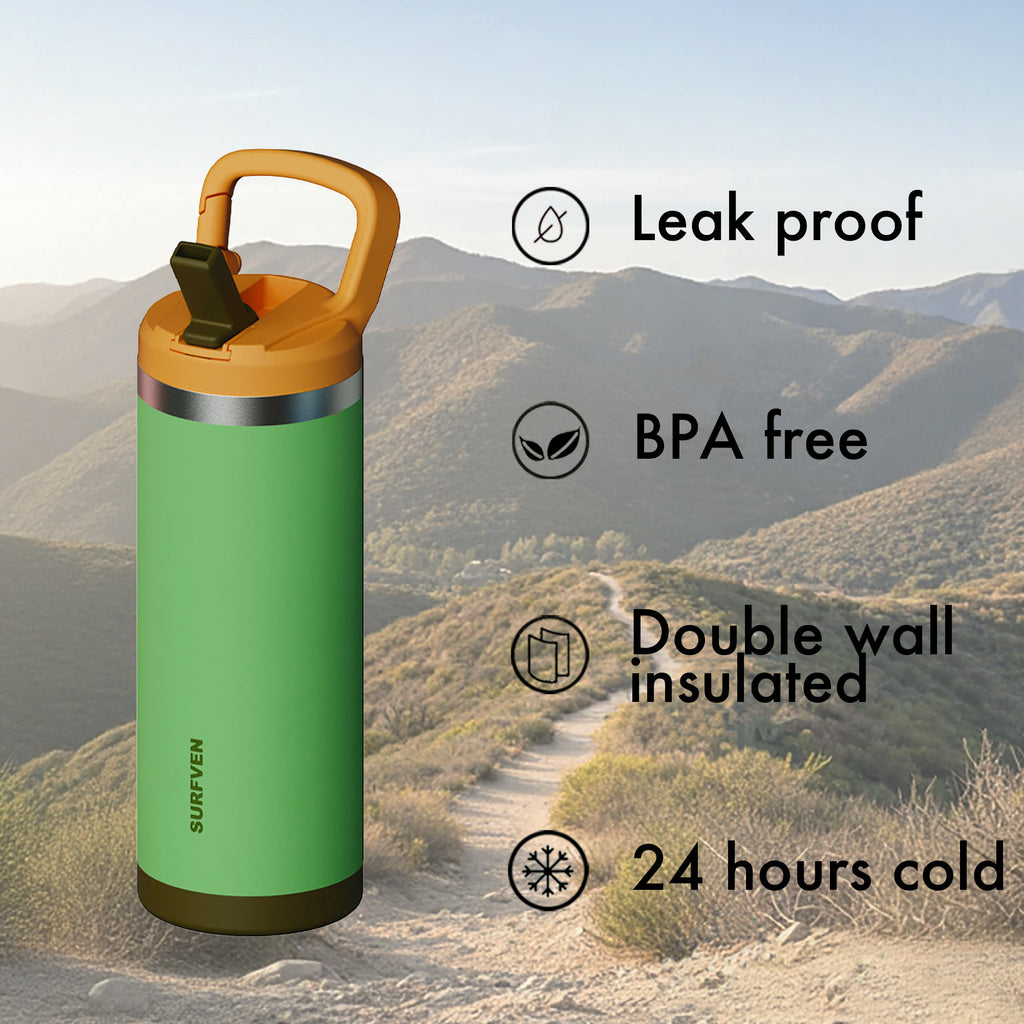 SURFVEN 18 oz Double Wall Stainless Steel Insulated Water Bottle with Leak Proof Flip Straw Lid, Green