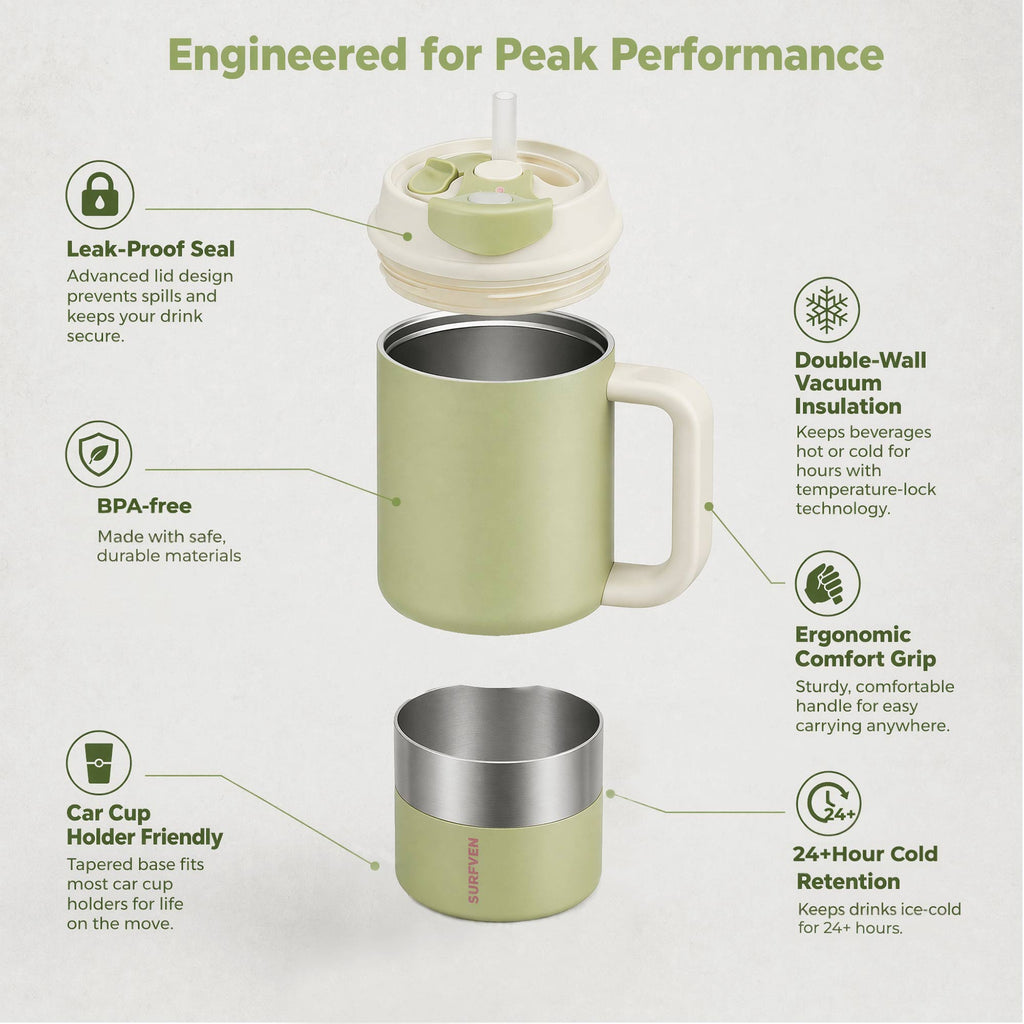 SURFVEN 24oz Double Wall Stainless Steel Insulated Tumbler with Handle and 2-in-1 Lid, Avocado Green