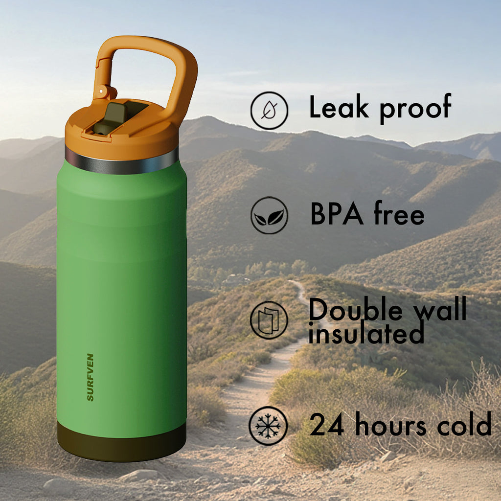 SURFVEN 27 oz Stainless Steel Double Wall Insulated Water Bottle with Flip-up Straw Lid, Green