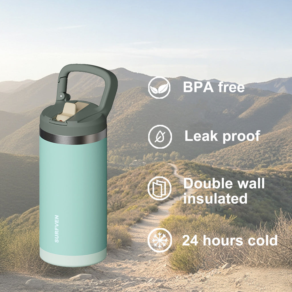 SURFVEN 12 oz Double Wall Stainless Steel Insulated Water Bottle with Leak Proof Flip Straw Lid, Dusty Jade