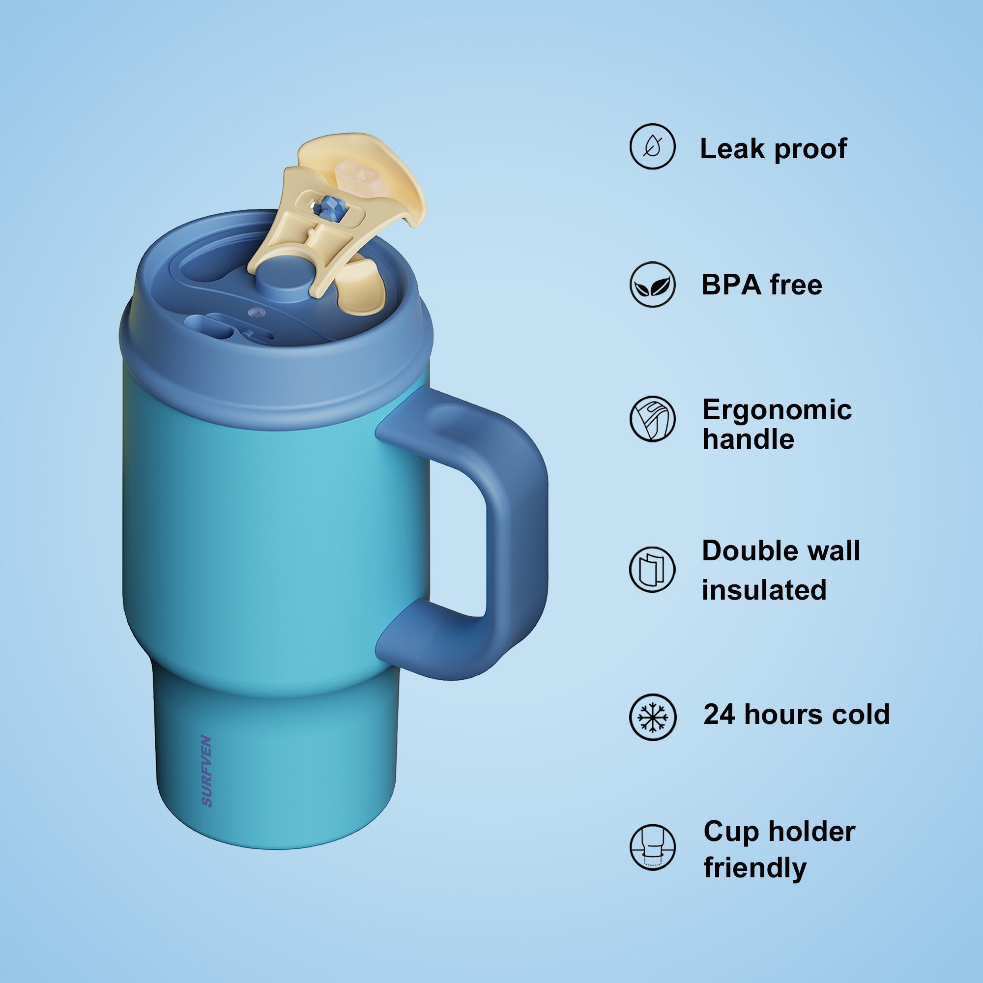 SURFVEN 30oz Insulated Stainless Steel Tumbler with Handle and Leak Proof Dual Sip Lid, Blue