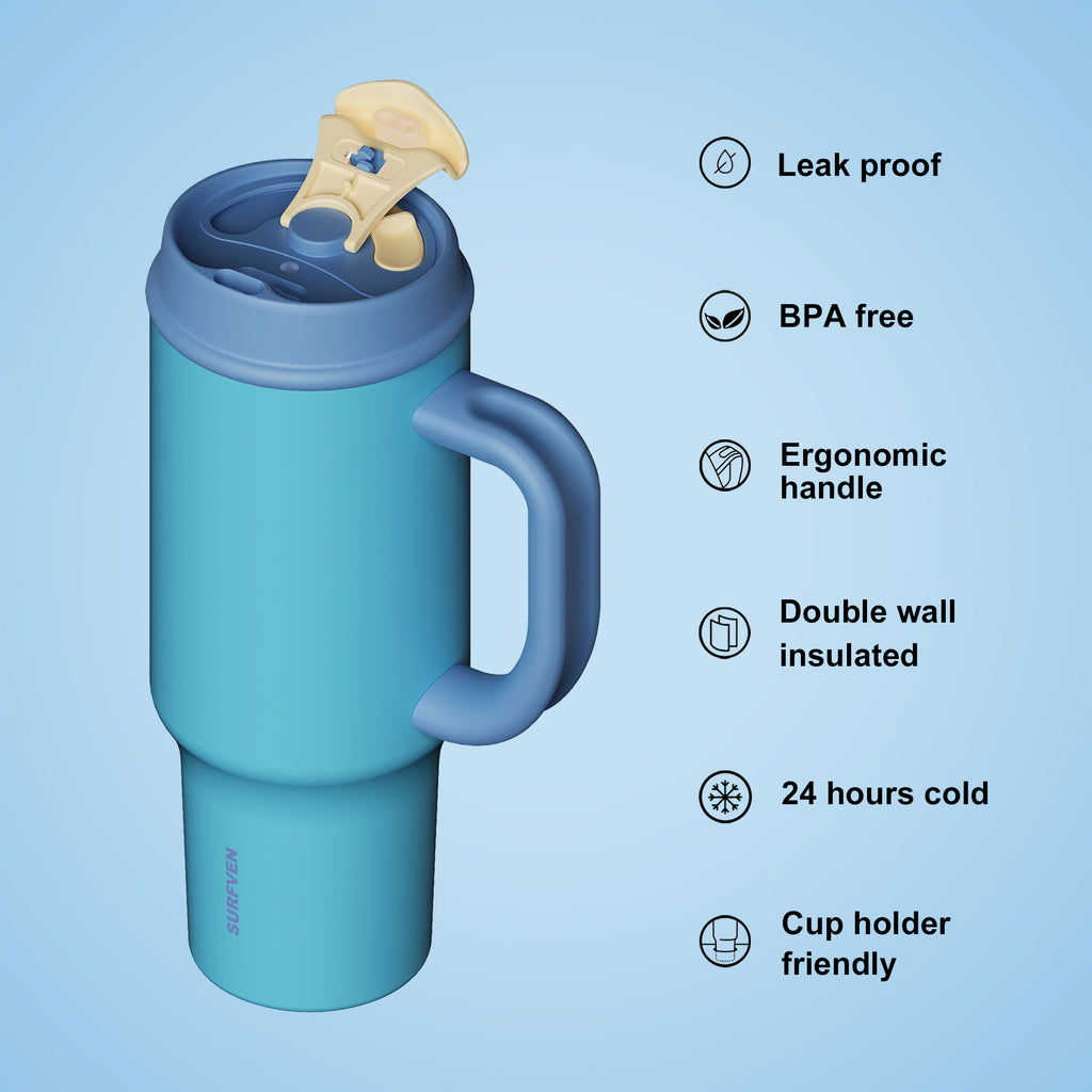 SURFVEN 40oz Double Wall Stainless Steel Insulated Tumbler with Handle and 2-in-1 Lid, Blue