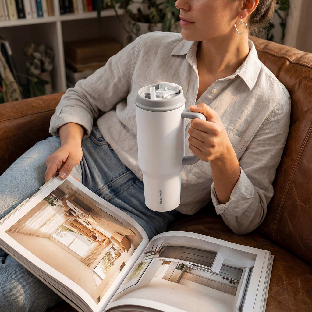 SURFVEN 40oz Double Wall Stainless Steel Insulated Tumbler with Handle and 2-in-1 Lid, White