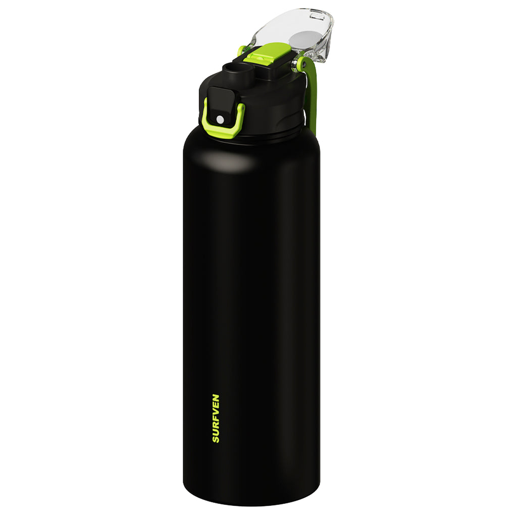 SURFVEN 40 oz Vacuum Insulated Stainless Steel Water Bottle with 3-in-1 Lid, Black