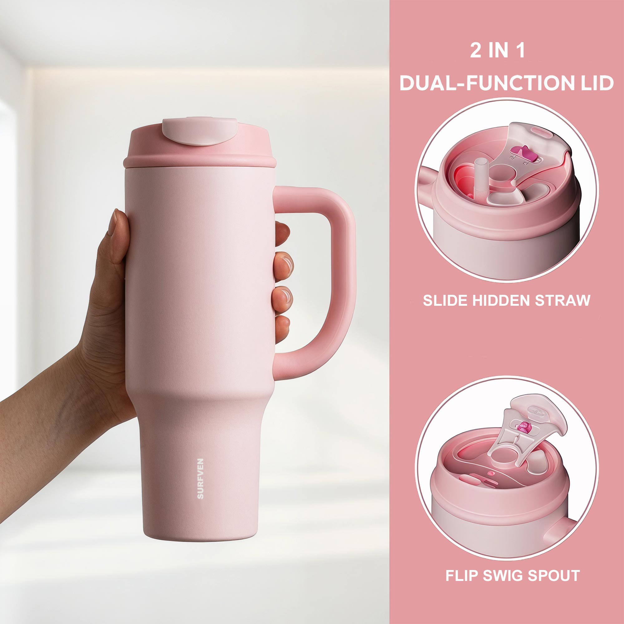 SURFVEN 40oz Double Wall Stainless Steel Insulated Tumbler with Handle and 2-in-1 Lid, Pink