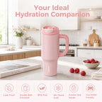 SURFVEN 40oz Double Wall Stainless Steel Insulated Tumbler with Handle and 2-in-1 Lid, Pink