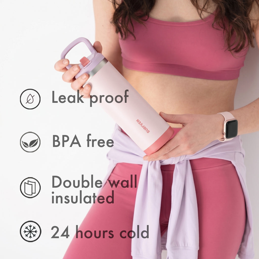 SURFVEN 12 oz Double Wall Stainless Steel Insulated Water Bottle with Leak Proof Flip Straw Lid, Pink