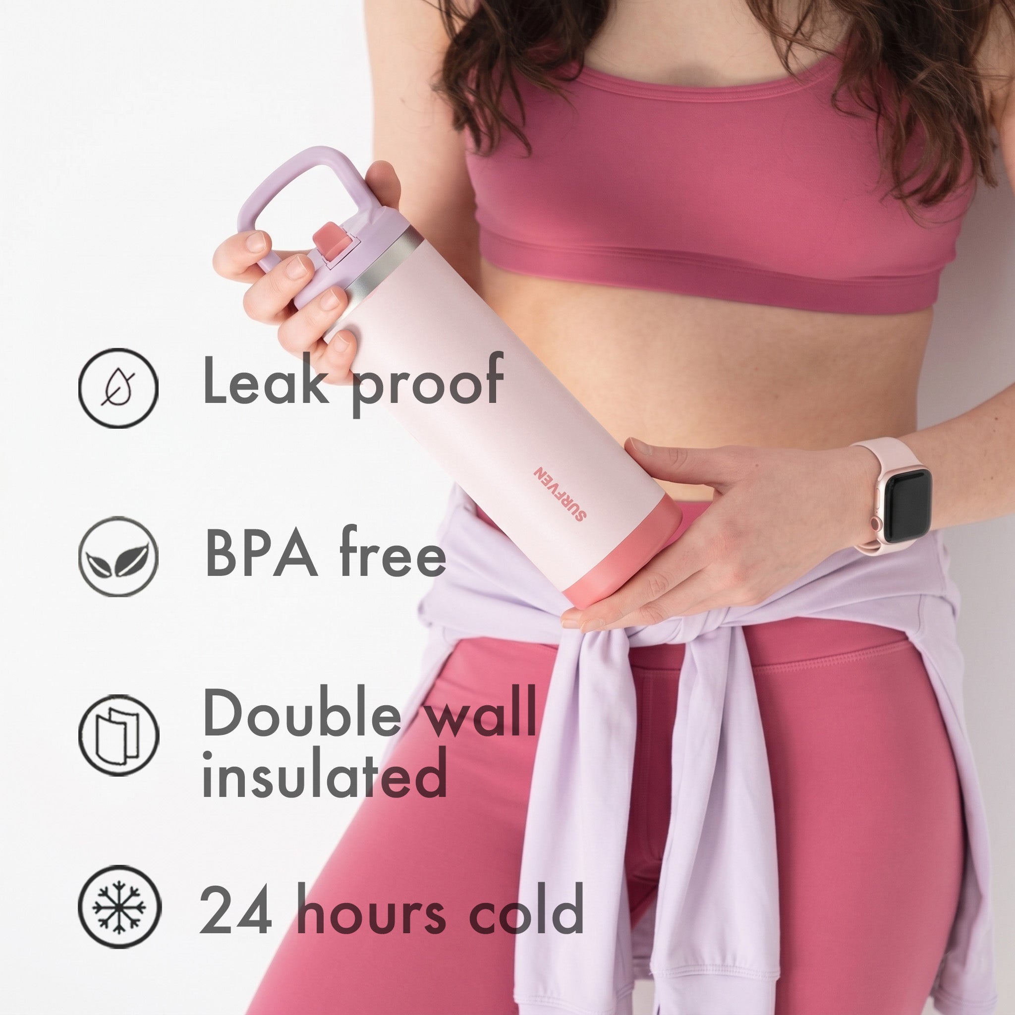 SURFVEN 12 oz Double Wall Stainless Steel Insulated Water Bottle with Leak Proof Flip Straw Lid, Pink
