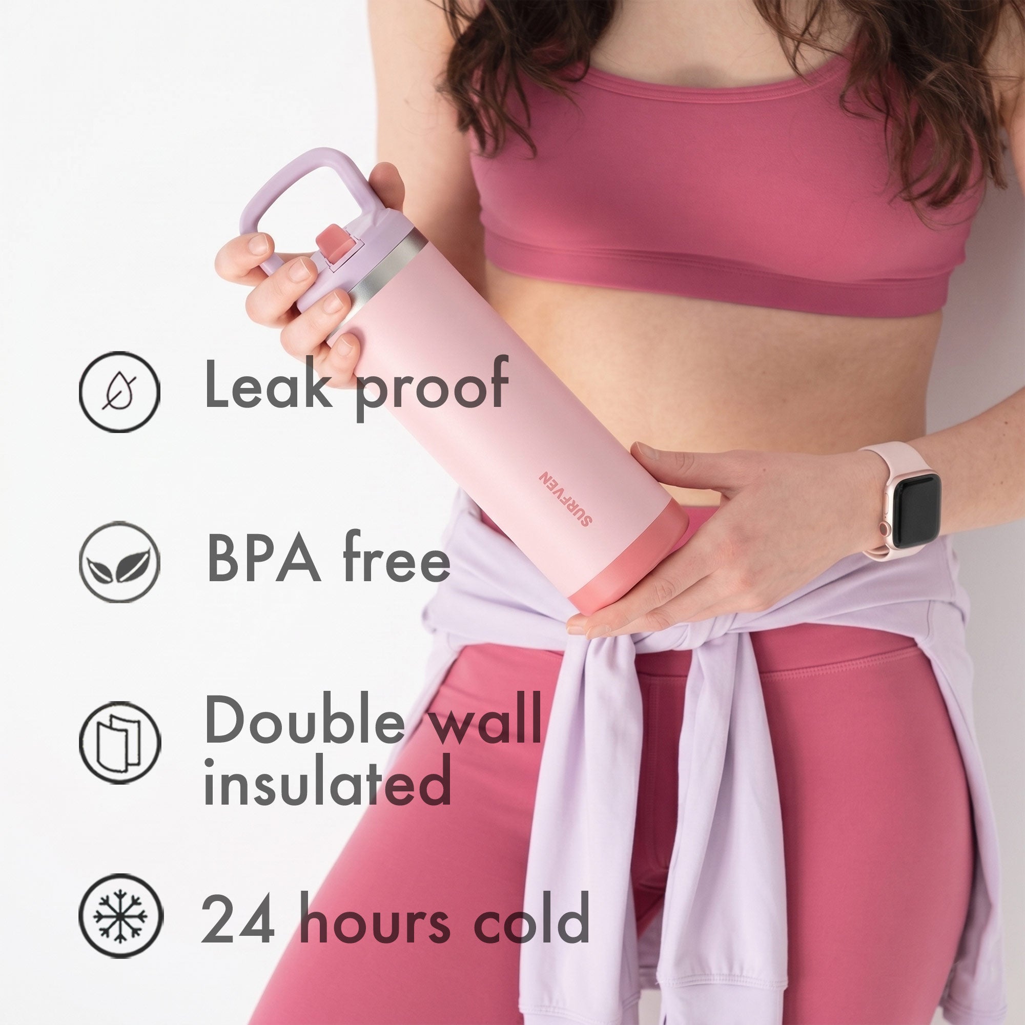 SURFVEN 18 oz Double Wall Stainless Steel Insulated Water Bottle with Leak Proof Flip Straw Lid, Pink