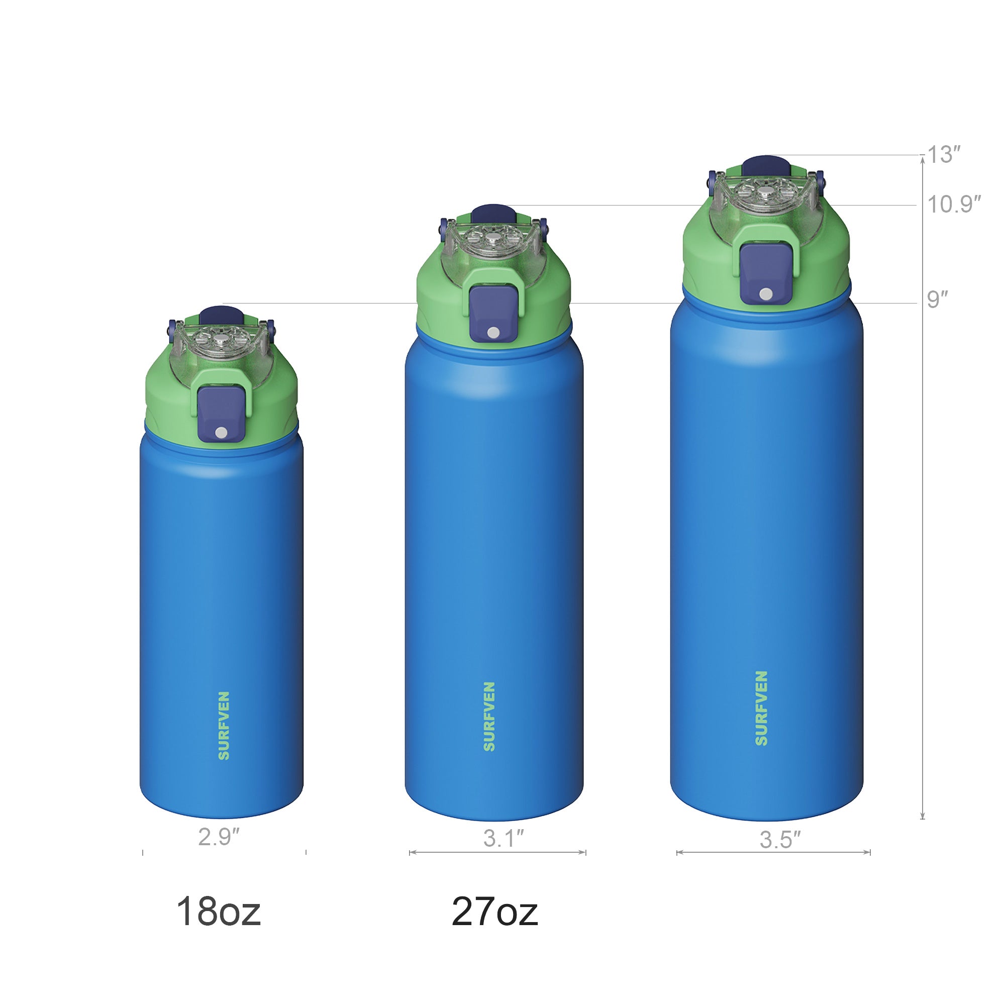 SURFVEN 18 oz Vacuum Insulated Stainless Steel Water Bottle with 3-in-1 Lid, Blue