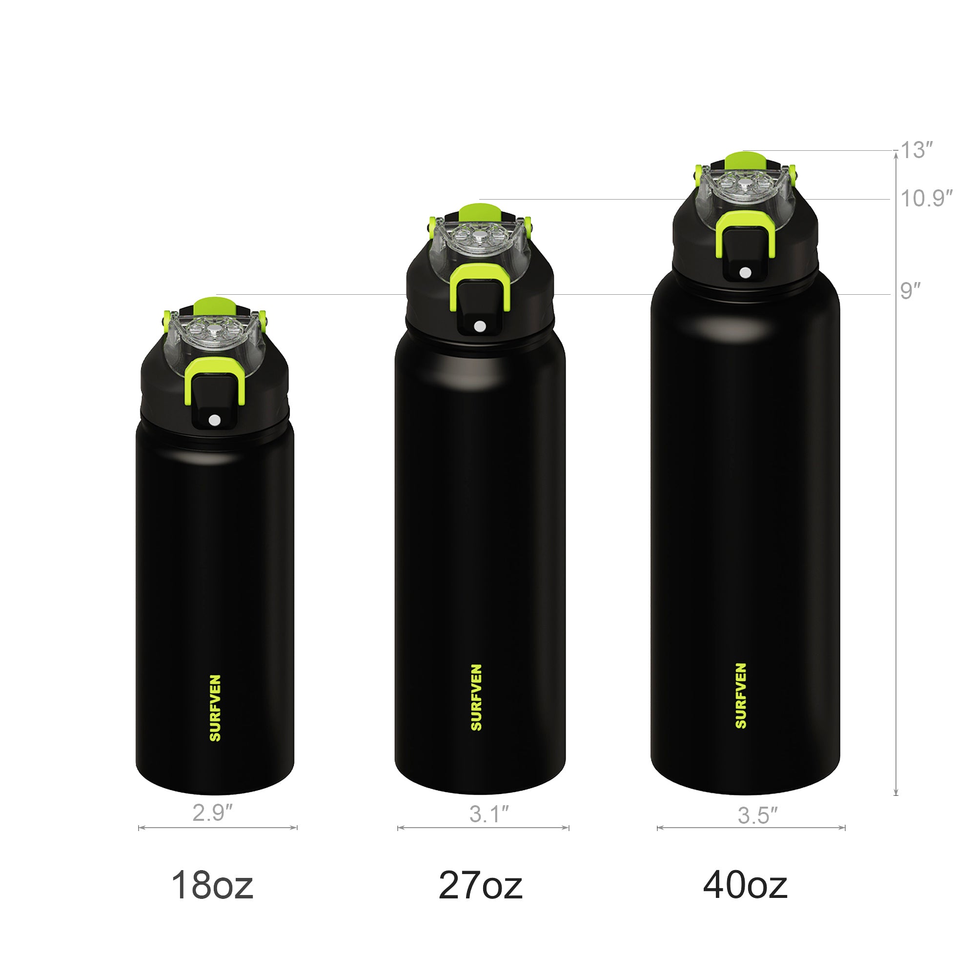 SURFVEN 27 oz Vacuum Insulated Stainless Steel Water Bottle with 3-in-1 Lid, Black